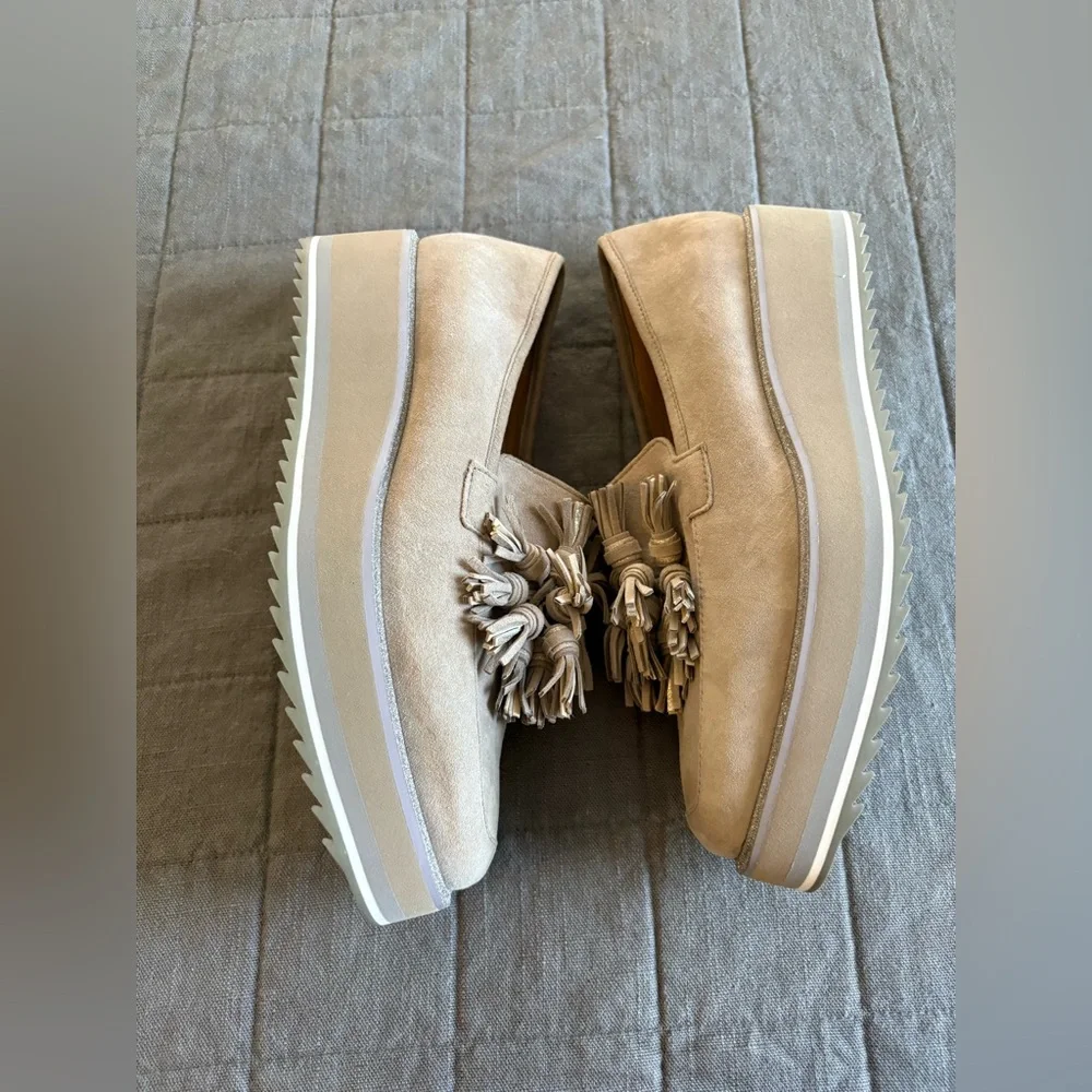 Johnston & Murphy Gracelyn Suede Taupe Platform Tassel Loafers